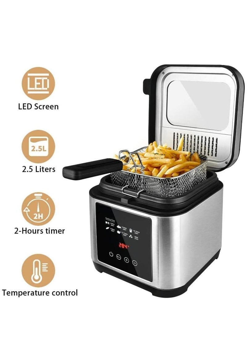 Digital Deep Fryer 2.5L 1200W Capacity with Over-Heat Protection, LED Touch Screen, 2-Hour Timer, Stainless Steel Body, Removable Lid, Large Viewing Window & Filter  Bullet Points