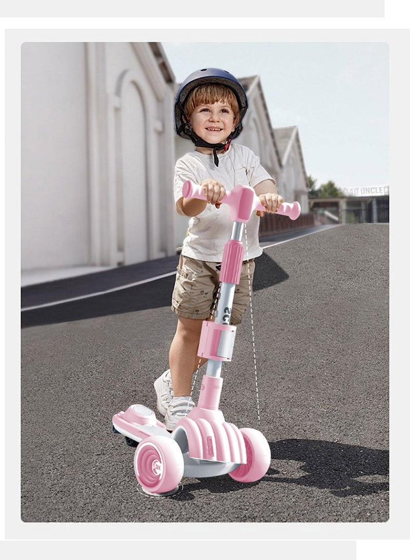 Kids Scooter 6 in 1 with Music and LED Wheels, Kick Scooter for 1-3-6 Years with Seat Adjustment Convenient Folding Children's Scooter(Pink)