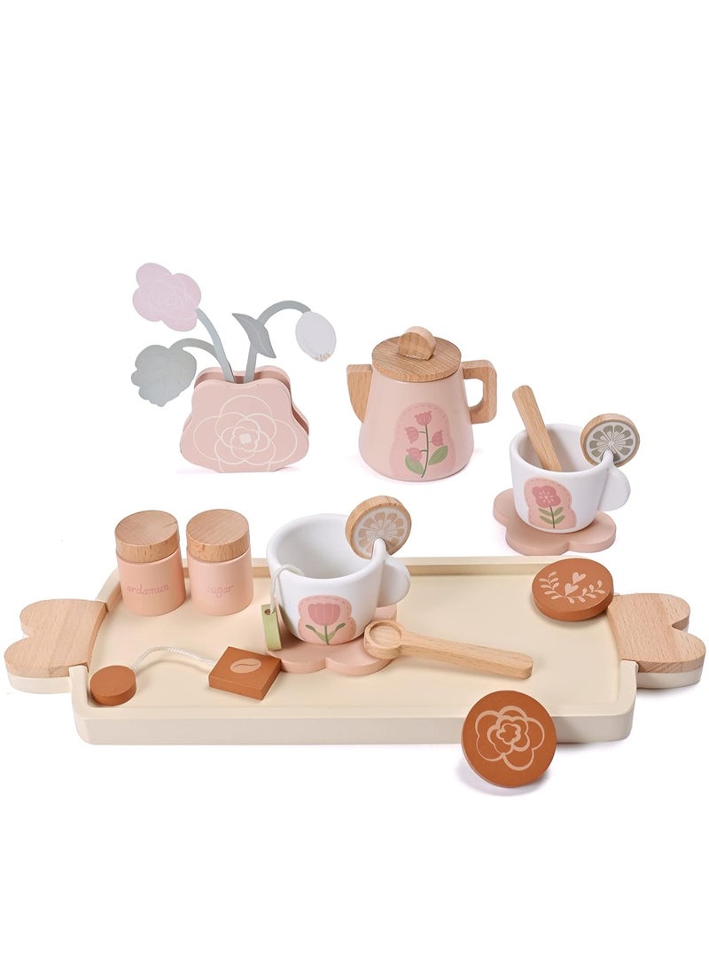 Wooden Kids Tea Set Toy Wooden Toys Pretend Play Food Kitchen Accessories Afternoon Tea Set for Toddler Children Tea Party Set with Dessert Tray Teapot Gifts for Girls Boy aged 3+