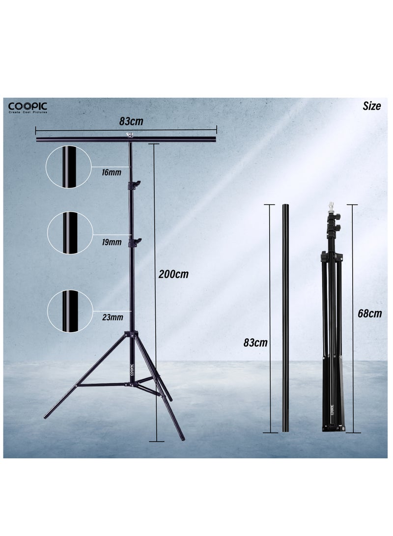 COOPIC Professional Studio Photography T'Shape Background Support Stand Kit: Adjustable 79inch/200cmTripod Stand with 33inch/83cm Crossbar and 2'pcs Clamps for Video Studio Photography