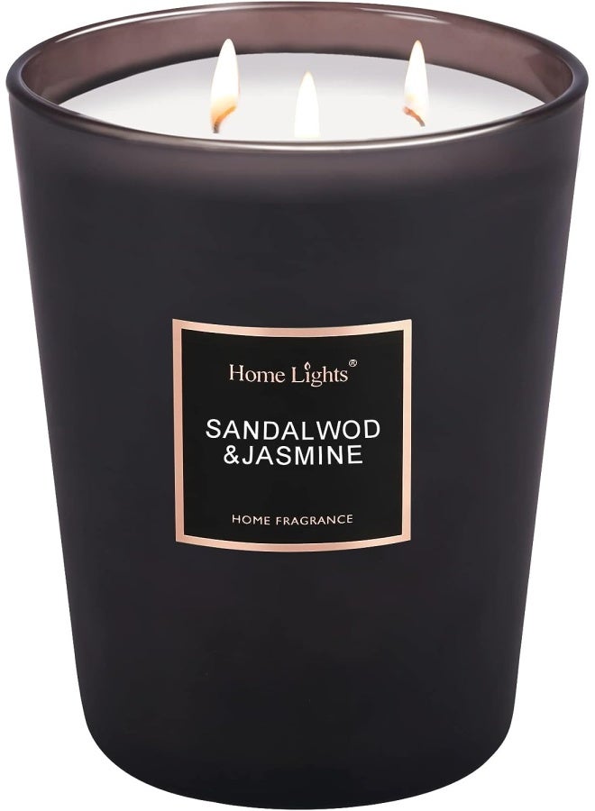 HomeLights Scented Candles | Large Jar Candle - 33.3 Oz. Natural Soy Aromatherapy Candles | Up to 70 Hours Burn Time with 3 Cotton Wicks, Home Decorative Fragrance Candles Gift - Sandalwood Jasmine