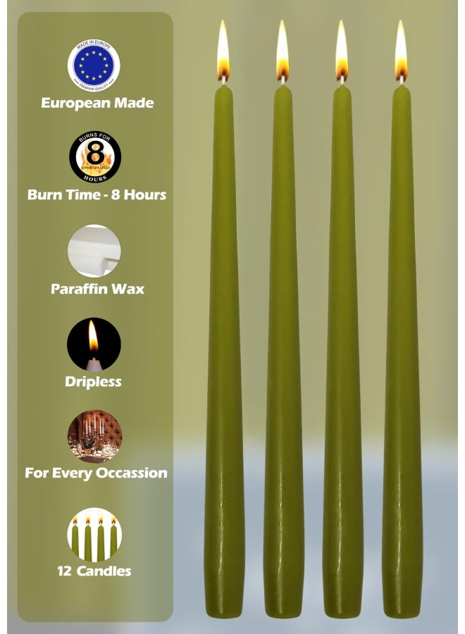 Hyoola Tall Taper Candles 10 Inch Olive Green Unscented Dripless Taper Candles 8 Hour Burn Time 12 Pack