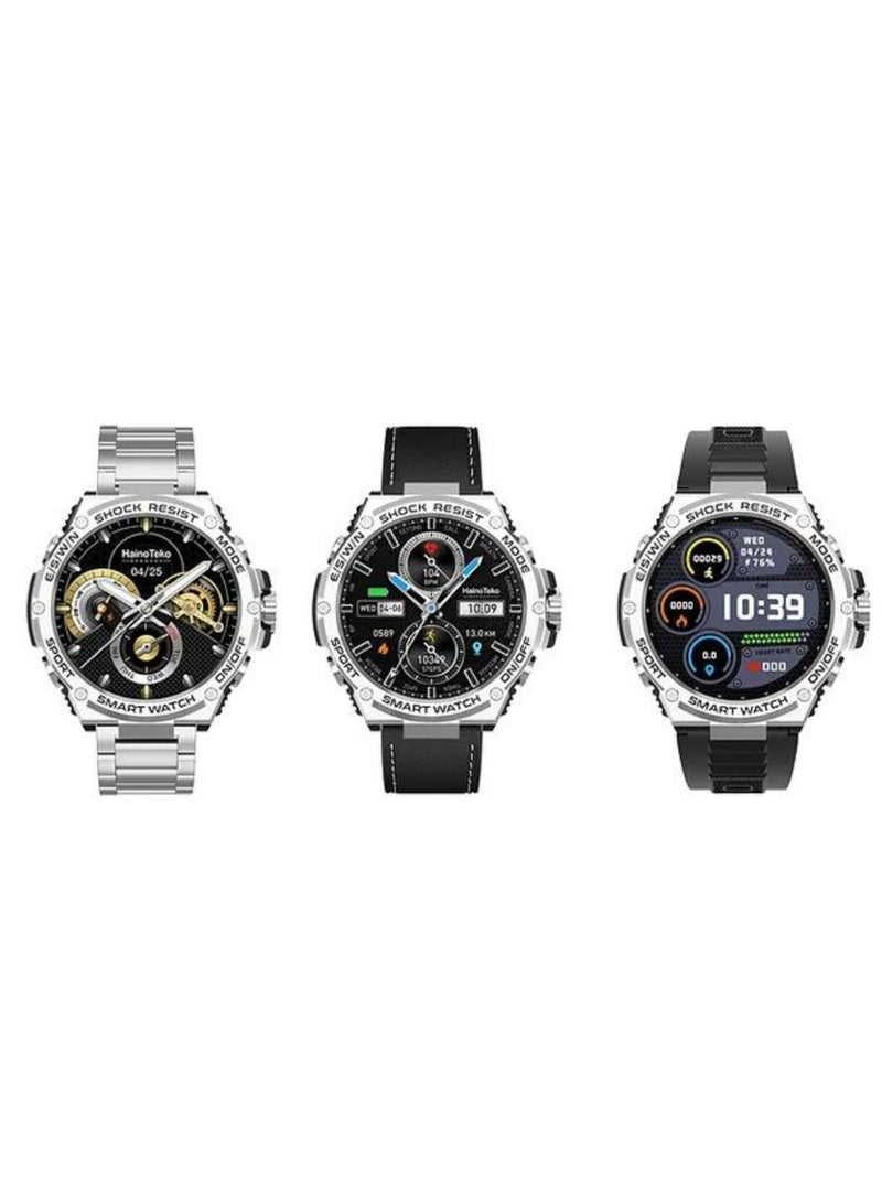 Haino Teko Germany RW56 Round Shape AMOLED Display Smart Watch With 3 Pair Straps And Wireless Charger Designed For Mens And Boys Silver