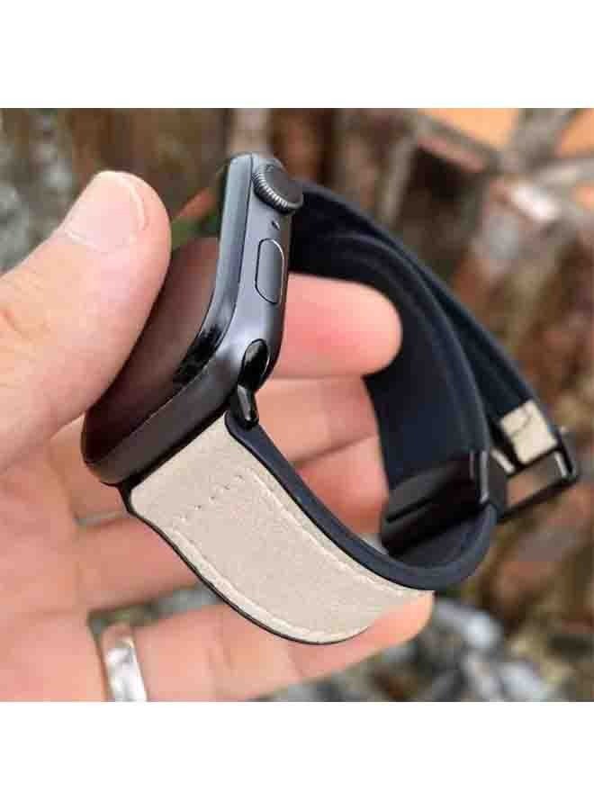 Genuine Leather Watch Straps Wristbands Compatible with Apple Watch Bands 41mm 40mm 38mm For Women Men Genuine Leather Magnetic Strap for iWatch Series Ultra 9 8 7 SE 6 5 4 3 2 1 Band Black