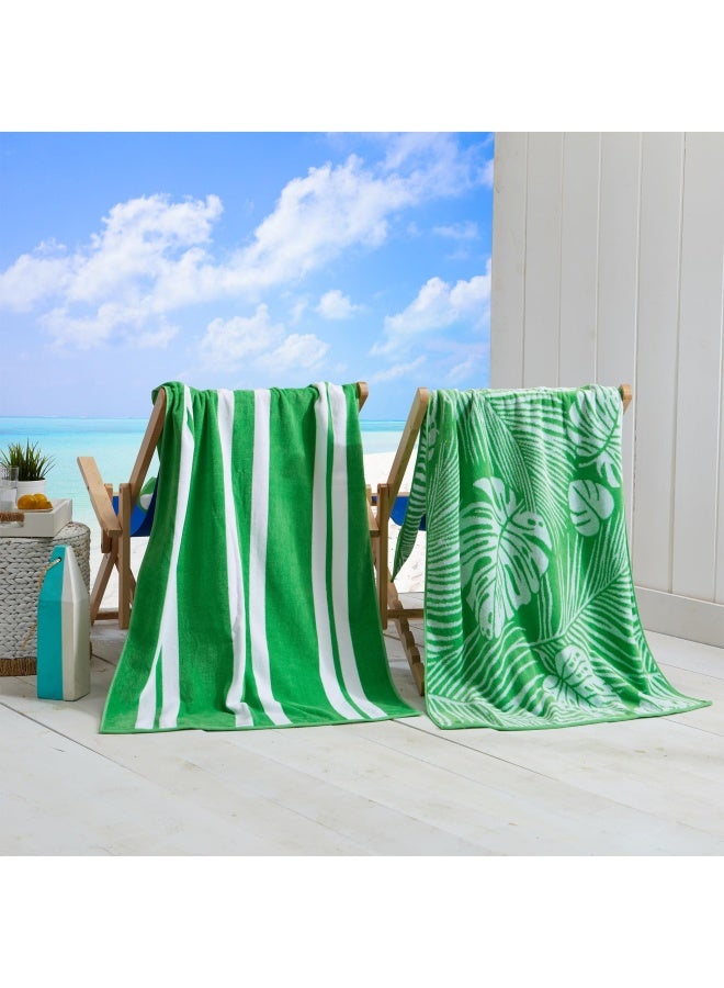 Towel 100% Cotton Large Beach Towel Set Of 2 Palm Beach Towels For Adults And Absorbent Velour Pool Towels Lightweight Quick Dry Beach Towel Pack Green Palm And Stripe