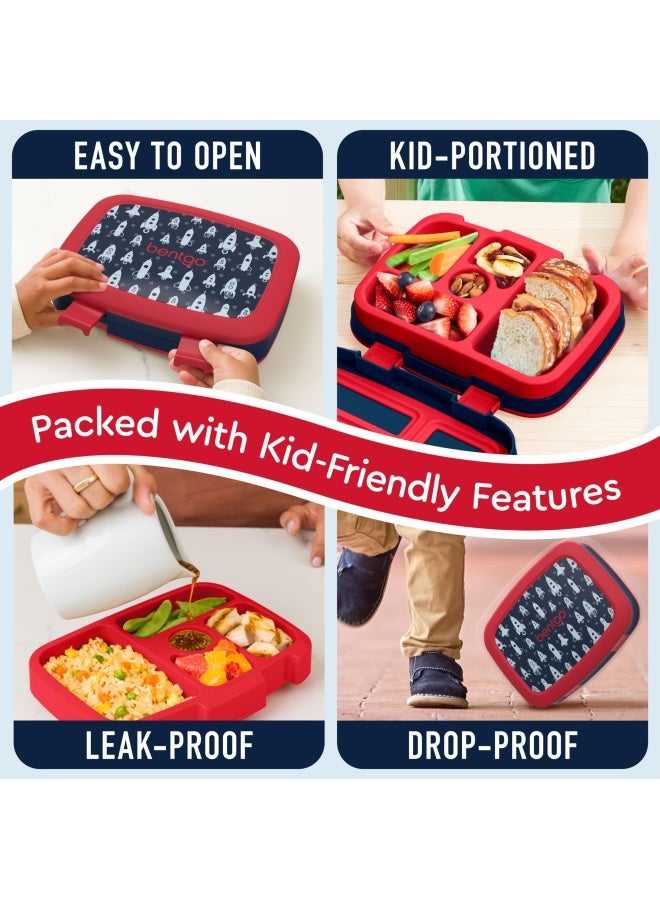 Kids Prints Space Rockets - Leak-Proof 5-Compartment Bento-Style Kids Lunch Box - Ideal Portion Sizes For Ages 3 To 7 - Bpa-Free And Food-Safe Materials