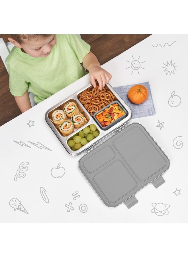 Kids Stainless Steel Leak-Resistant Lunch Box - Bento-Style Redesigned In 2022 W Upgraded Latches  3 Compartments  And Extra Container - Eco-Friendly  Dishwasher Safe  Patented Design  Silver