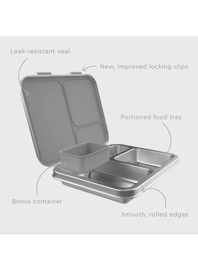 Kids Stainless Steel Leak-Resistant Lunch Box - Bento-Style Redesigned In 2022 W Upgraded Latches  3 Compartments  And Extra Container - Eco-Friendly  Dishwasher Safe  Patented Design  Silver