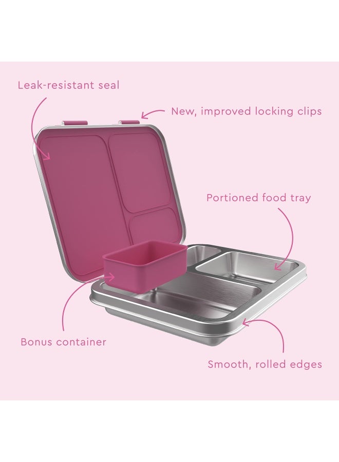 Kids Stainless Steel Leak-Resistant Lunch Box - Bento-Style  3 Compartments  And Bonus Silicone Container For Meals On-The-Go - Eco-Friendly  Dishwasher Safe  Bpa-Free  Fuchsia