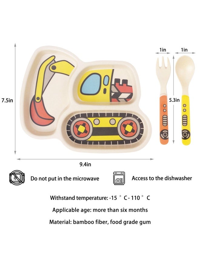 LighteningKid Plate Set Bamboo Fibre Tableware Baby Feeding Spill Proof Stay Put Suction Divided Plate - Baby Spoon and fork 3-Piece Set for Kids and Toddlers Teaches Child Portion Control