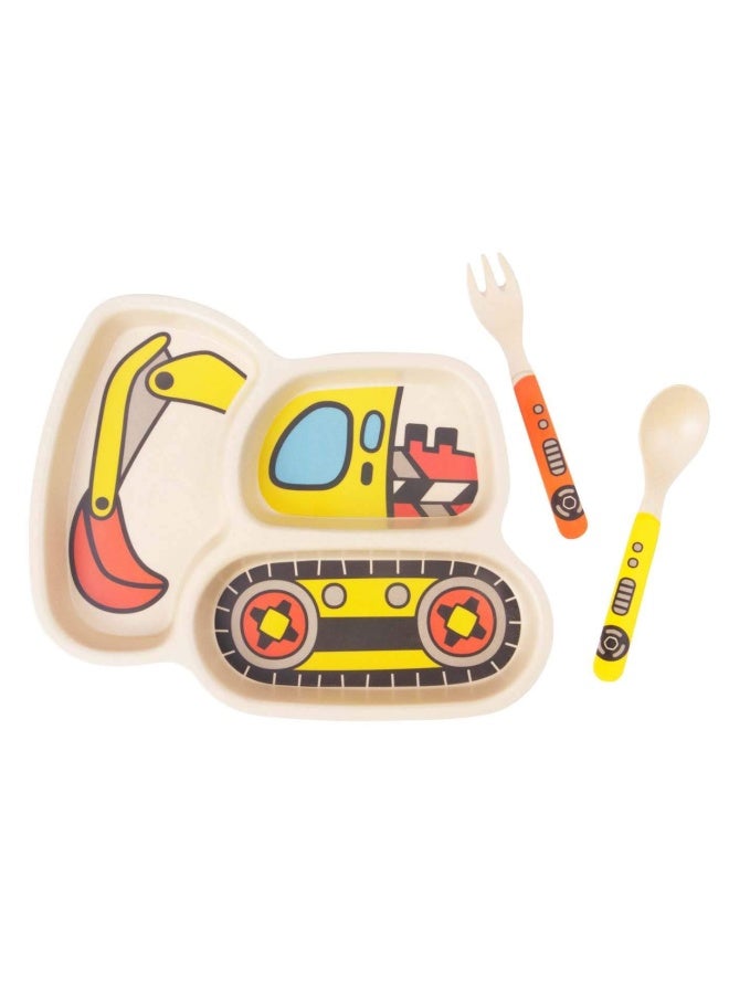 LighteningKid Plate Set Bamboo Fibre Tableware Baby Feeding Spill Proof Stay Put Suction Divided Plate - Baby Spoon and fork 3-Piece Set for Kids and Toddlers Teaches Child Portion Control