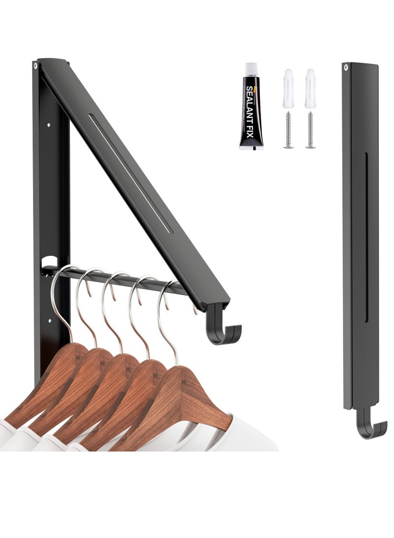 Wall Mounted Retractable Clothes Drying Rack with Folding Hangers - Laundry Room Closet Storage Organizer (Black)