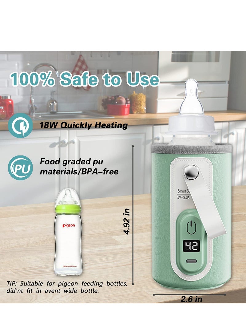 USB Rechargeable LCD Display Bottle Warmer for Formula Milk - Fast Heating Baby Bottle Warmer for Car and Travel (Green)