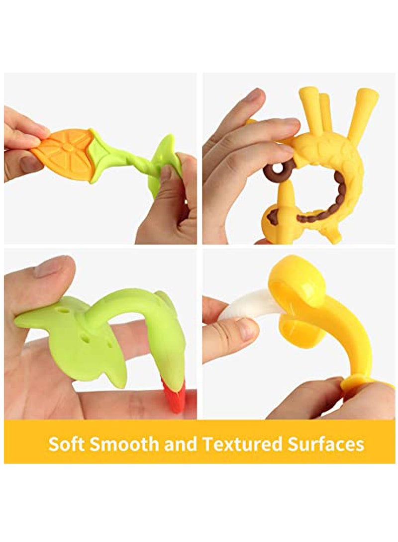 Teething Toys for Newborn (4-Pack) Freezer Safe BPA Free and Silicone Banana Toothbrushes Fruit Giraffe Teethers Soothe Gums Set with Storage Case