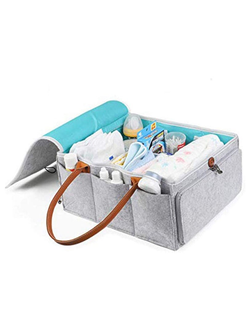 Baby Diaper Caddy Bag With Zipper Lid And Leather Handle