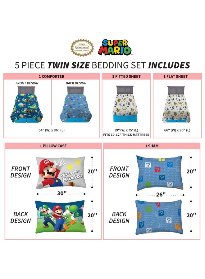 Kids Bedding Super Soft Comforter And Sheet Set With Sham  5 Piece Twin Size  Mario