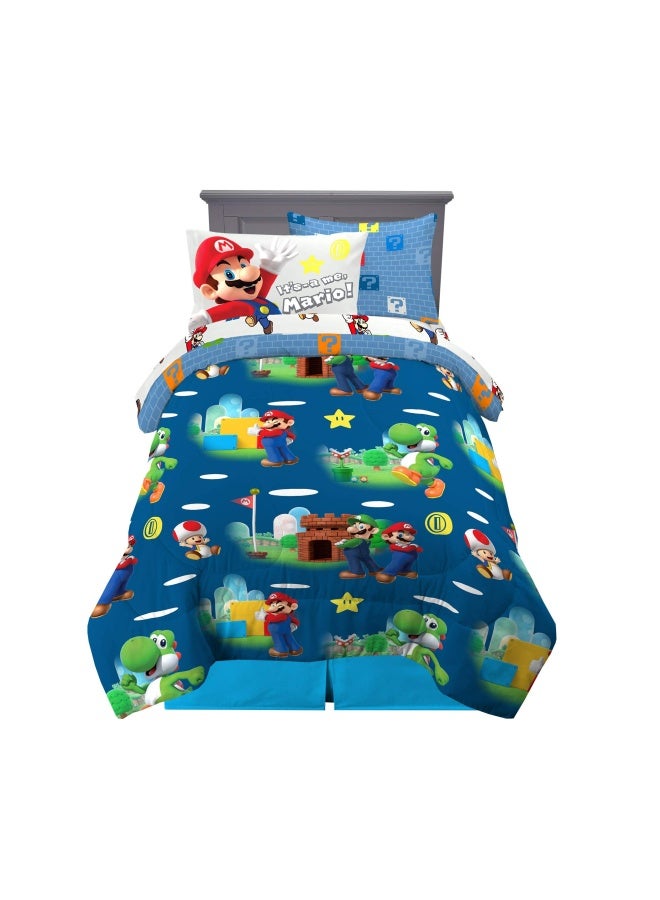 Kids Bedding Super Soft Comforter And Sheet Set With Sham  5 Piece Twin Size  Mario