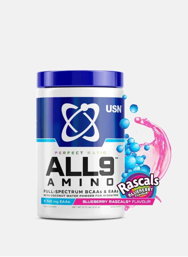 ALL9 Amino Full Spectrum BCAA&EAAs Blueberry Rascals Flavour 330gram