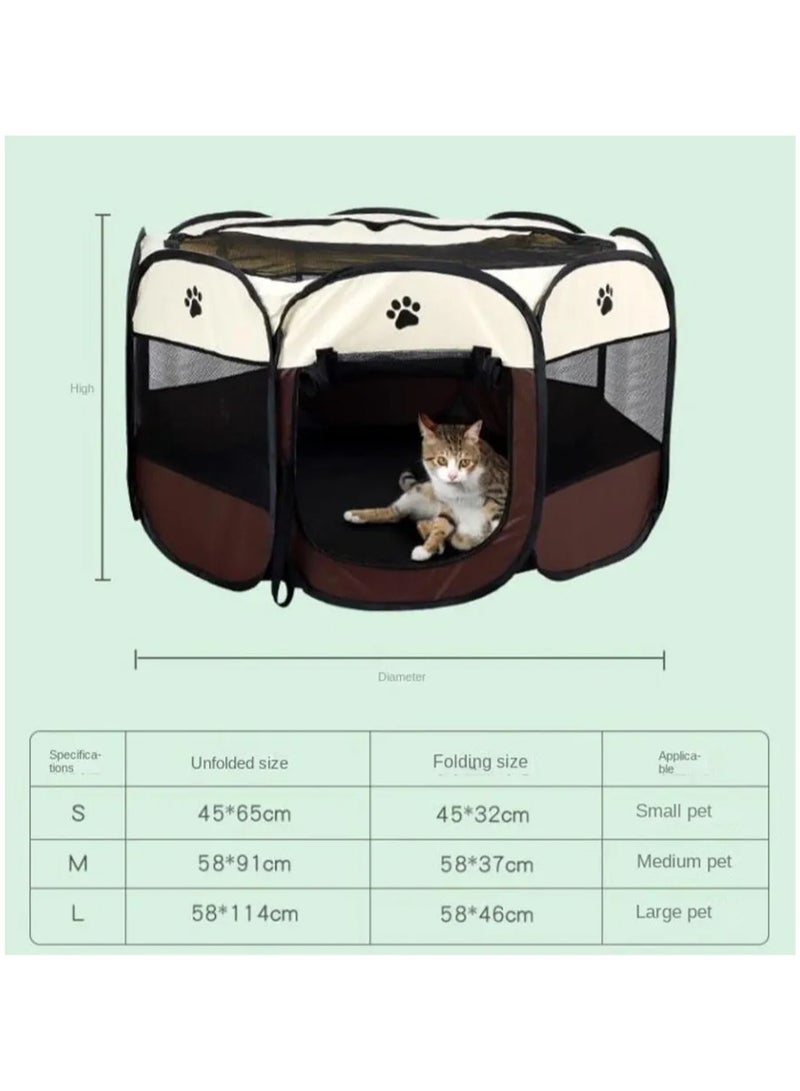 Octagonal Pet Dog And Cat House, Portable Kennel Puppy Bed House Foldable Tent Fence, Indoor Outdoor Use, Black And Brown, Pet Bed