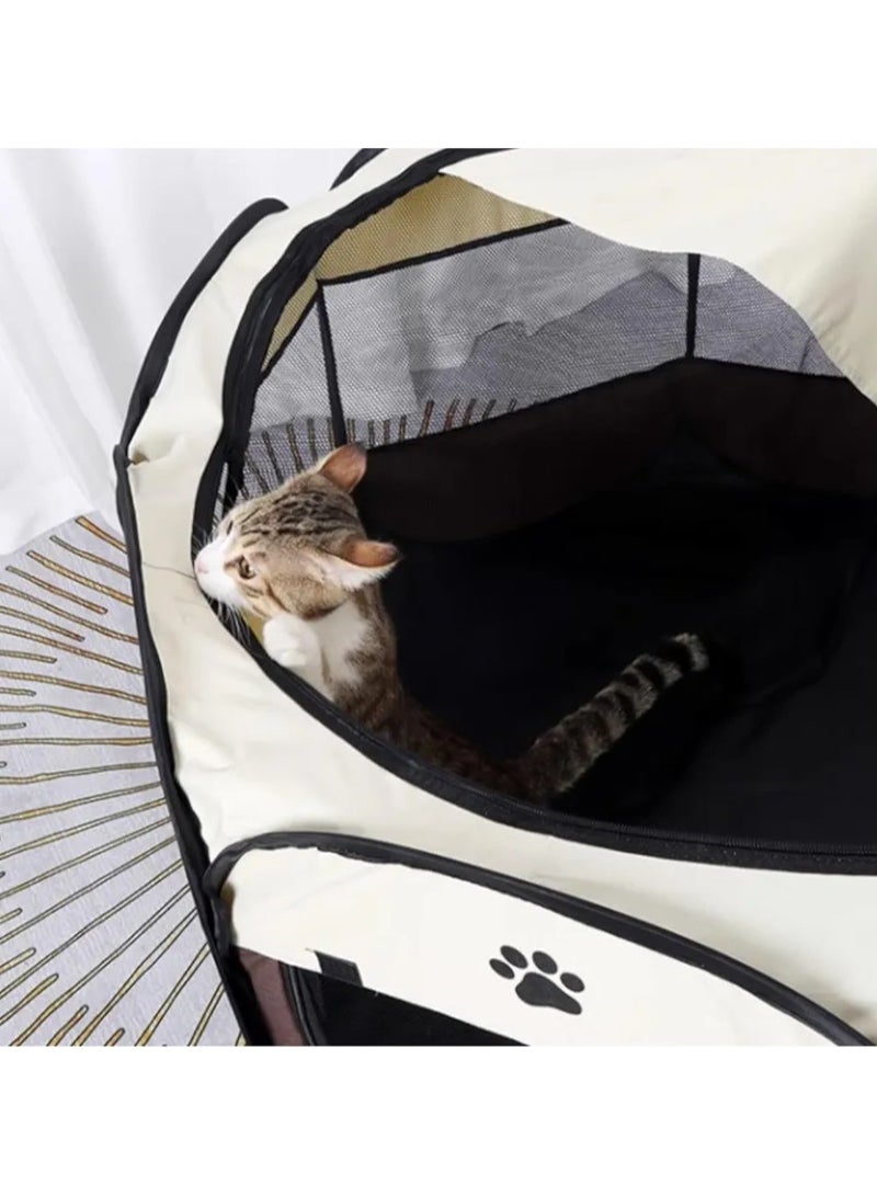 Octagonal Pet Dog And Cat House, Portable Kennel Puppy Bed House Foldable Tent Fence, Indoor Outdoor Use, Black And Brown, Pet Bed