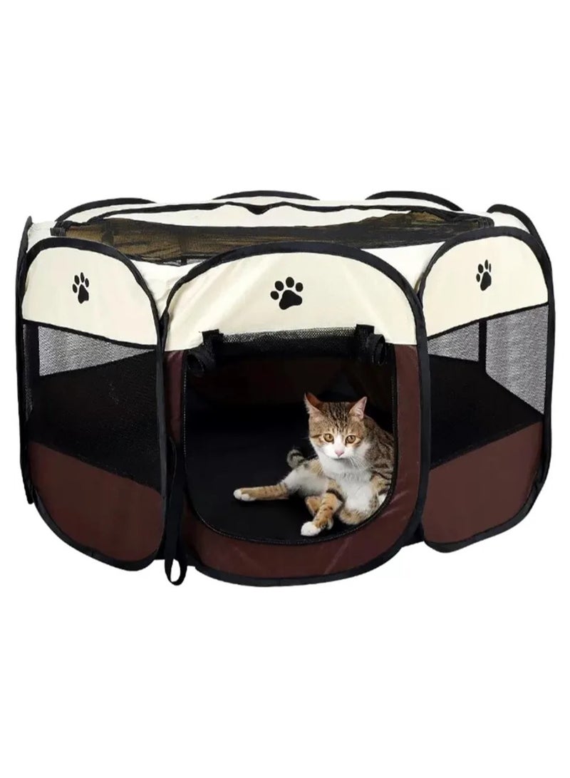 Octagonal Pet Dog And Cat House, Portable Kennel Puppy Bed House Foldable Tent Fence, Indoor Outdoor Use, Black And Brown, Pet Bed