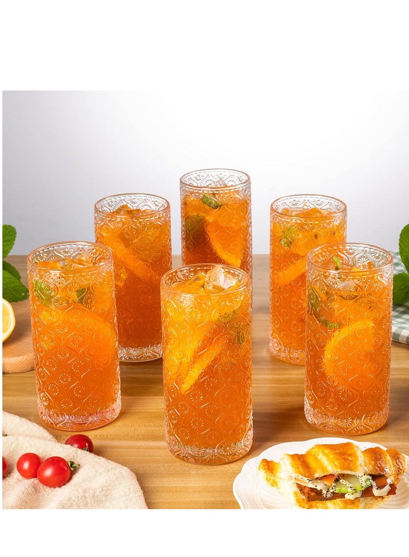 Vintage Glassware Highball Drinking Glasses, 4 Pcs 14 oz Cocktail Glasses, Crystal Tumblers, Clear Embossed Glass Cups, Floral Glass Cups Embossed Juice Water Coffee Cups, Iced Beverage Glass