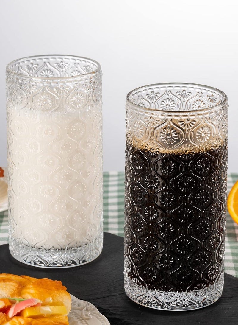 Vintage Glassware Highball Drinking Glasses, 4 Pcs 14 oz Cocktail Glasses, Crystal Tumblers, Clear Embossed Glass Cups, Floral Glass Cups Embossed Juice Water Coffee Cups, Iced Beverage Glass