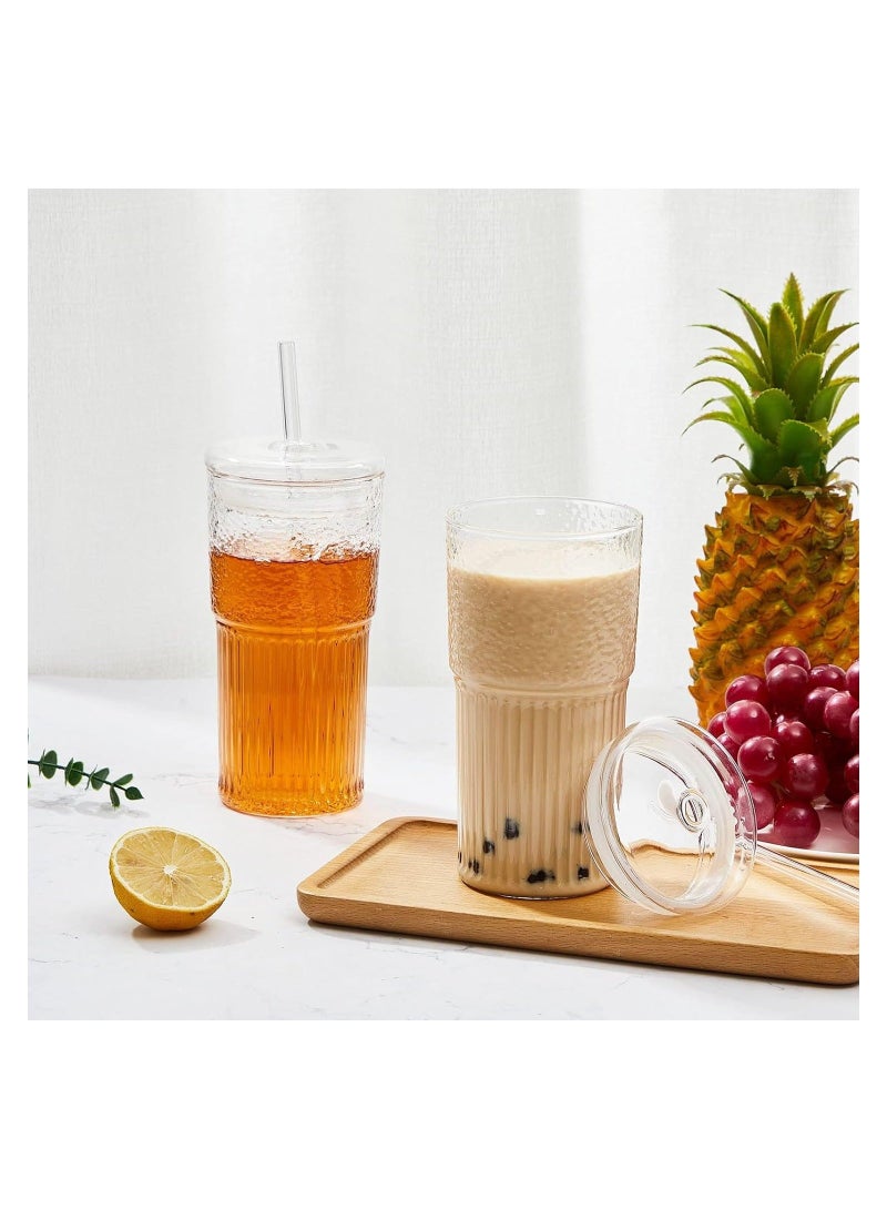 2 Pcs Clear Glass Cups with Lids and Straws, Ribbed Iced Coffee Cup Fluted Glass Tumbler with Straw and Lid Ridged Vintage Glassware for Home Office Drinking Water Tea Milk