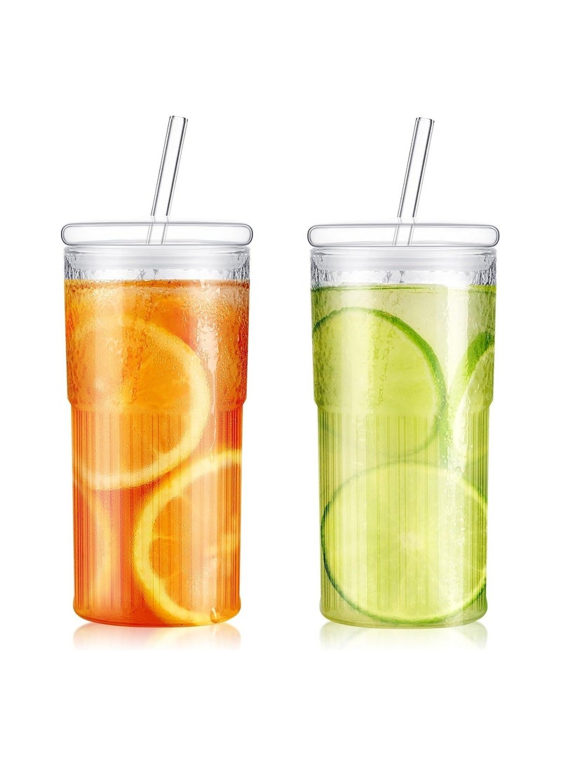2 Pcs Clear Glass Cups with Lids and Straws, Ribbed Iced Coffee Cup Fluted Glass Tumbler with Straw and Lid Ridged Vintage Glassware for Home Office Drinking Water Tea Milk