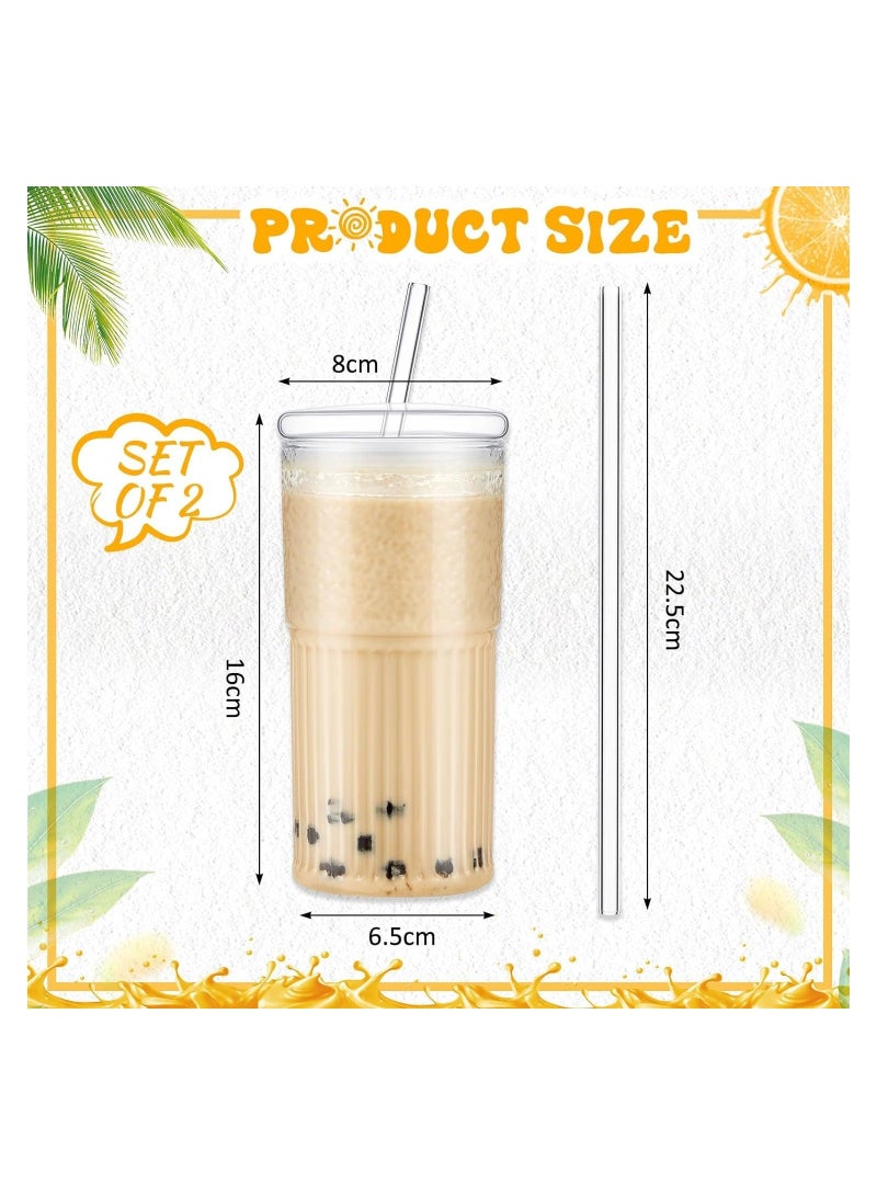 2 Pcs Clear Glass Cups with Lids and Straws, Ribbed Iced Coffee Cup Fluted Glass Tumbler with Straw and Lid Ridged Vintage Glassware for Home Office Drinking Water Tea Milk