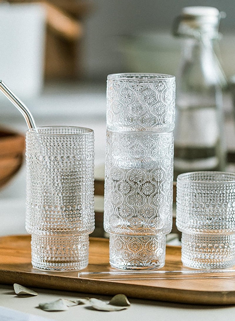 Vintage Glassware Drinking Glasses Set, 4 Pcs Small Glass Cups, Embossed Stackable Pattern Style Cups, Vintage Glassware, Ice Coffee Cup Juice Drinkware, 350 ml