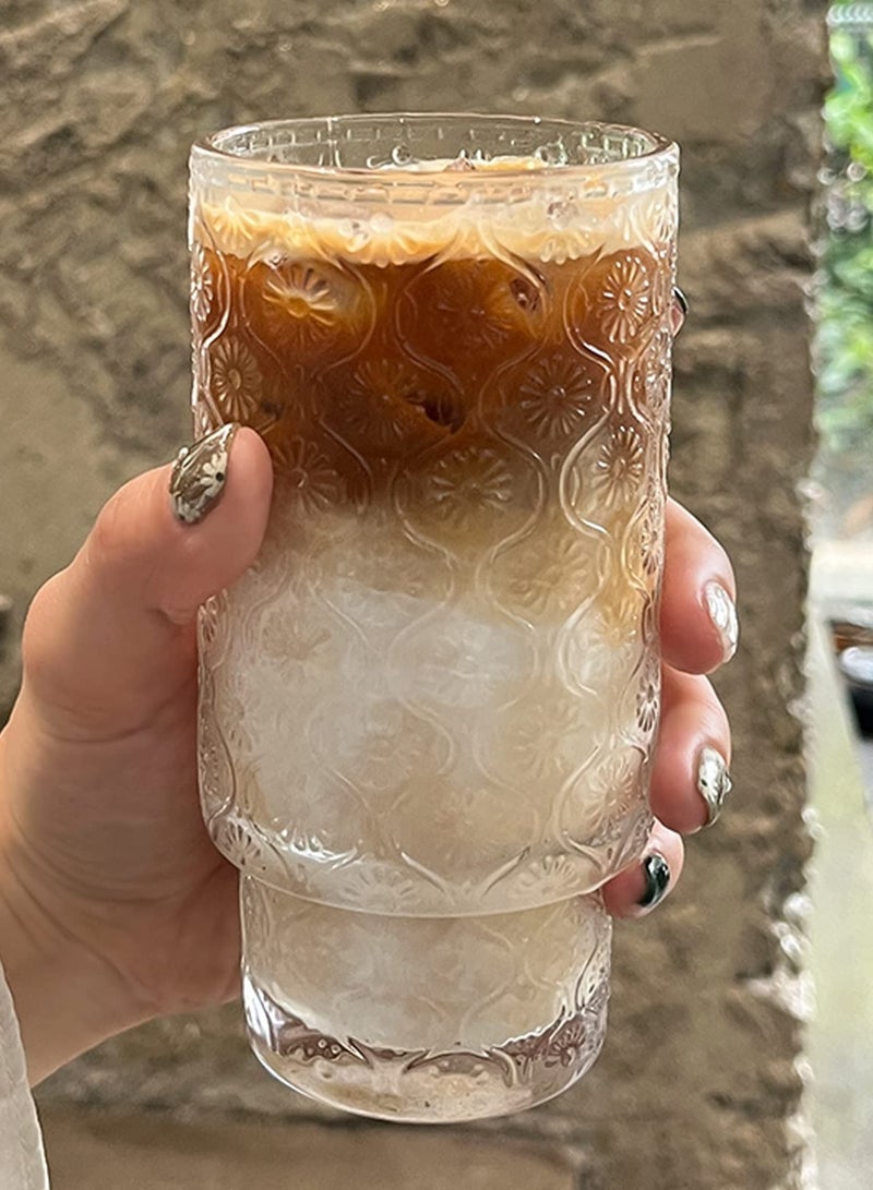 Vintage Glassware Drinking Glasses Set, 4 Pcs Small Glass Cups, Embossed Stackable Pattern Style Cups, Vintage Glassware, Ice Coffee Cup Juice Drinkware, 350 ml