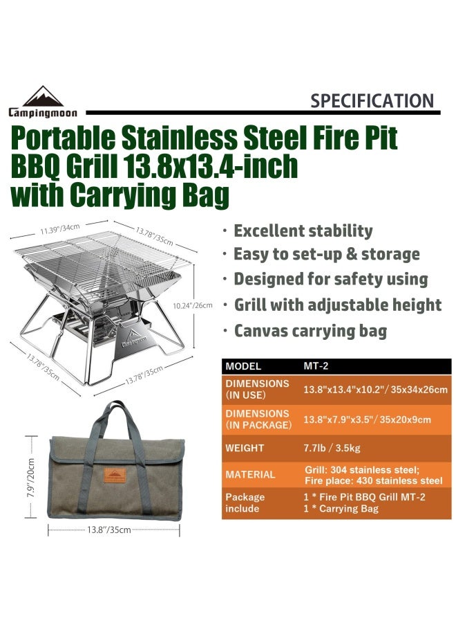 Campingmoon Stainless Steel Foldable Camping Grills Portable Wood Burning Charcoal Grill 14 Inch With Carrying Bag Mt 2