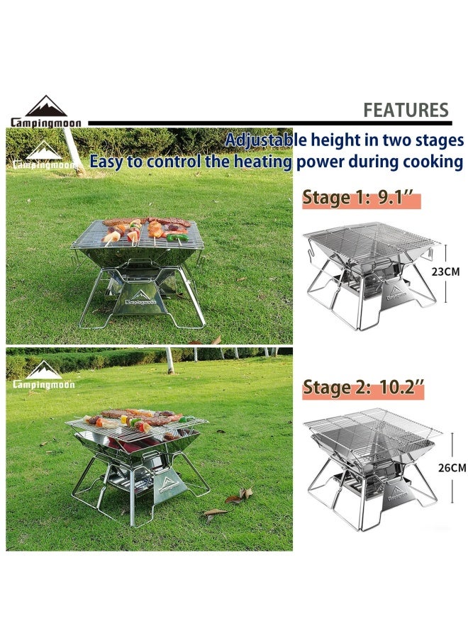 Campingmoon Stainless Steel Foldable Camping Grills Portable Wood Burning Charcoal Grill 14 Inch With Carrying Bag Mt 2