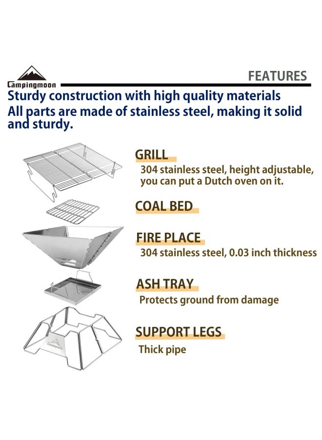 Campingmoon Stainless Steel Foldable Camping Grills Portable Wood Burning Charcoal Grill 14 Inch With Carrying Bag Mt 2