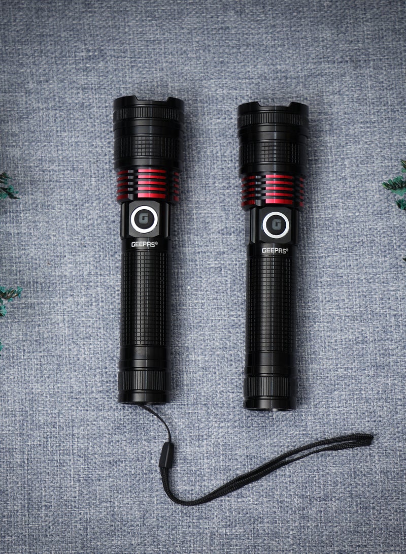 2 Pcs Rechargeable LED Flash Light | 15W High Power LED| Aluminium Alloy Body Li-ion 3.7V 4000 mAh Battery 5 Hrs Working Time Type C charging| 600 Meters Beam Distance | GFL4667Z Black/Red