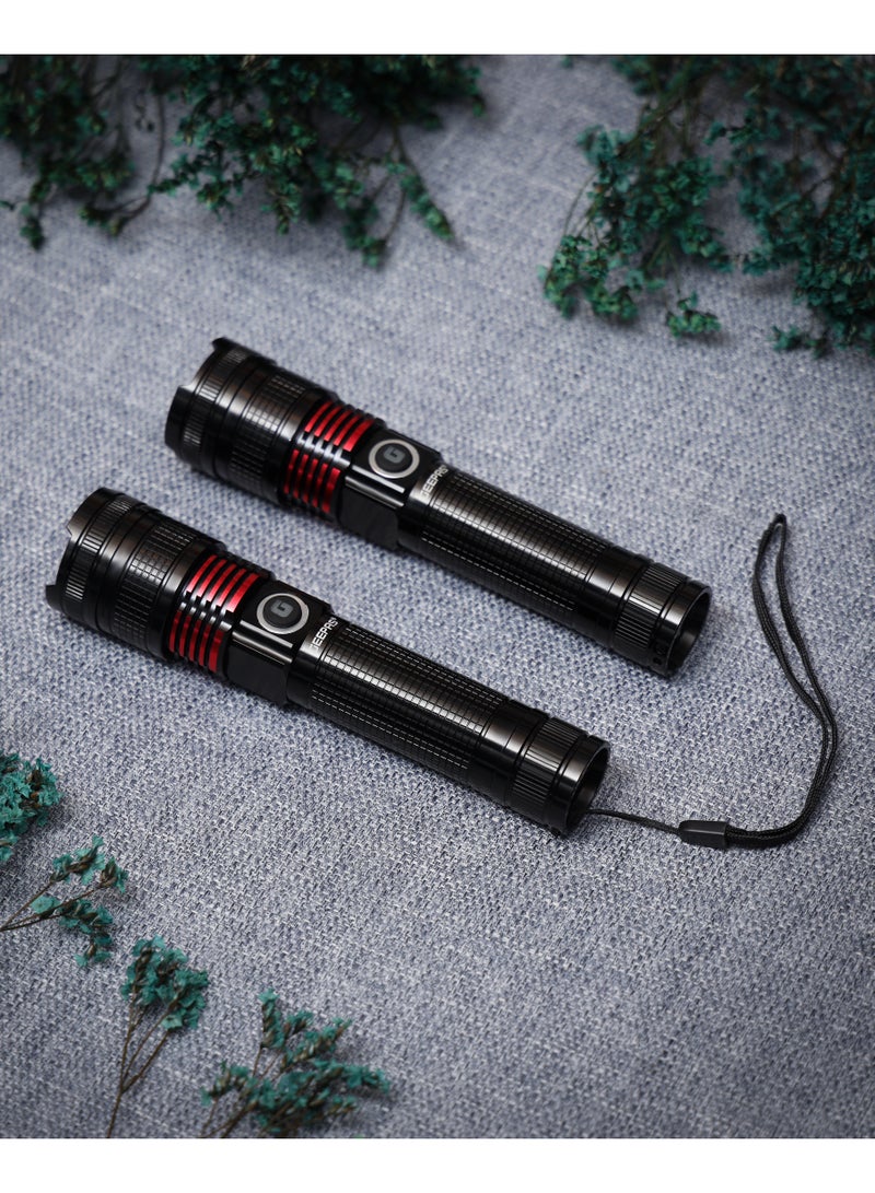 2 Pcs Rechargeable LED Flash Light | 15W High Power LED| Aluminium Alloy Body Li-ion 3.7V 4000 mAh Battery 5 Hrs Working Time Type C charging| 600 Meters Beam Distance | GFL4667Z Black/Red