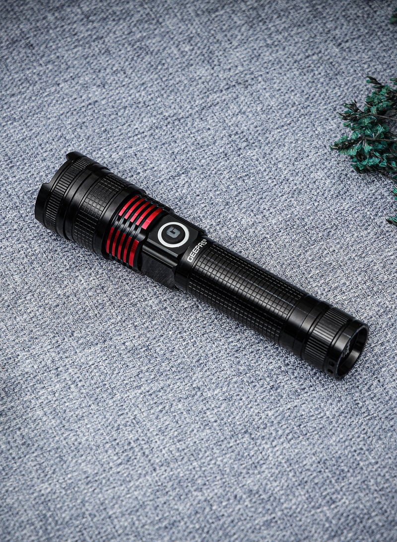 2 Pcs Rechargeable LED Flash Light | 15W High Power LED| Aluminium Alloy Body Li-ion 3.7V 4000 mAh Battery 5 Hrs Working Time Type C charging| 600 Meters Beam Distance | GFL4667Z Black/Red