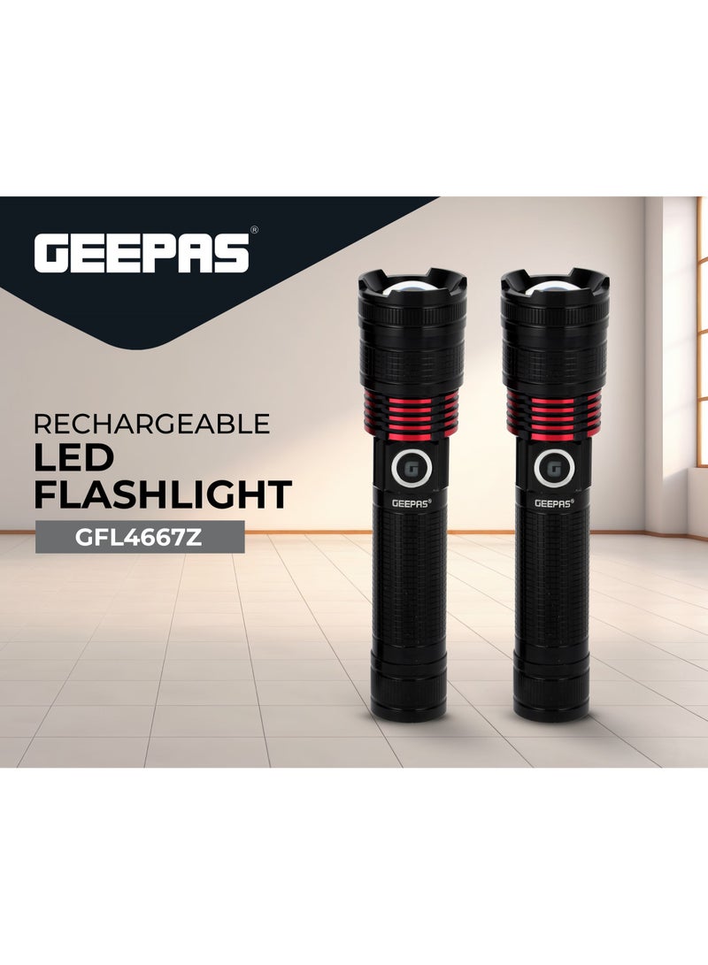 2 Pcs Rechargeable LED Flash Light | 15W High Power LED| Aluminium Alloy Body Li-ion 3.7V 4000 mAh Battery 5 Hrs Working Time Type C charging| 600 Meters Beam Distance | GFL4667Z Black/Red