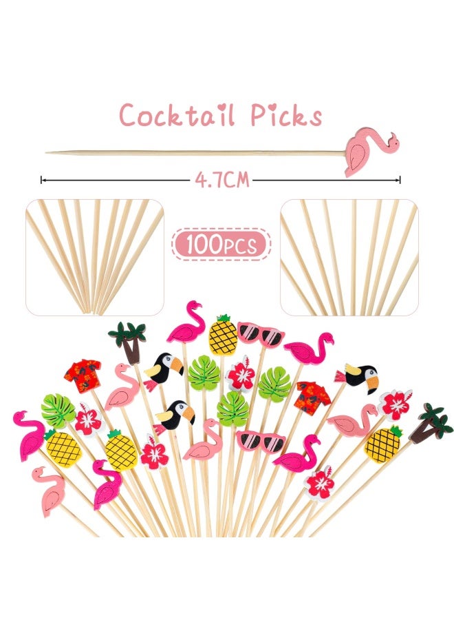 Hawaiian Luau Assorted Tropical Cocktail Toothpick Flamingo Pineapple Toucan Palm Leaf Handmade Bamboo Toothpicks For Luau Hawaii Beach Holiday Party Supplies 100