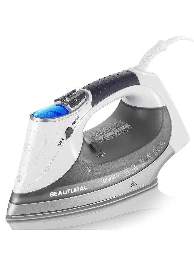 Variable Temperature And Steam Iron With Lcd Display Double Ceramic Coated Soleplate 6.2Ft Power Cord And 340Ml Tank-White Grey 1800W