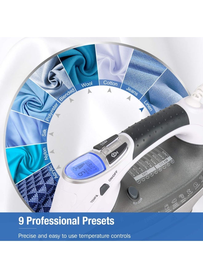 BEAUTURAL 1800Watt Steam Iron with Digital LCD Screen DoubleLayer and Ceramic Coated Soleplate 3Way AutoOff 9 Preset Temperature and Steam Settings for Variable Fabric Gray