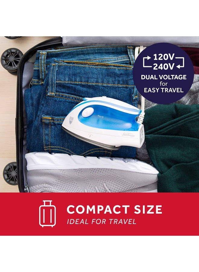 Hot 2 Trot Travel Steam Iron 800 Watt Dual Voltage 120 240 Compact Size Portable Non Stick Soleplate Soft Touch Handle Horizontal Or Vertical Use White And Blue