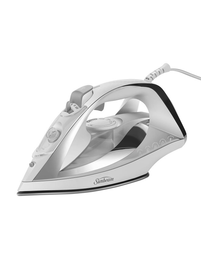 Turbo Steam Iron 1700 Watt Nonstick Ceramic Soleplate Horizontal Or Vertical Shot Of Steam Quick Heating 3 Way Auto Off White And Chrome 93 L X 37 W