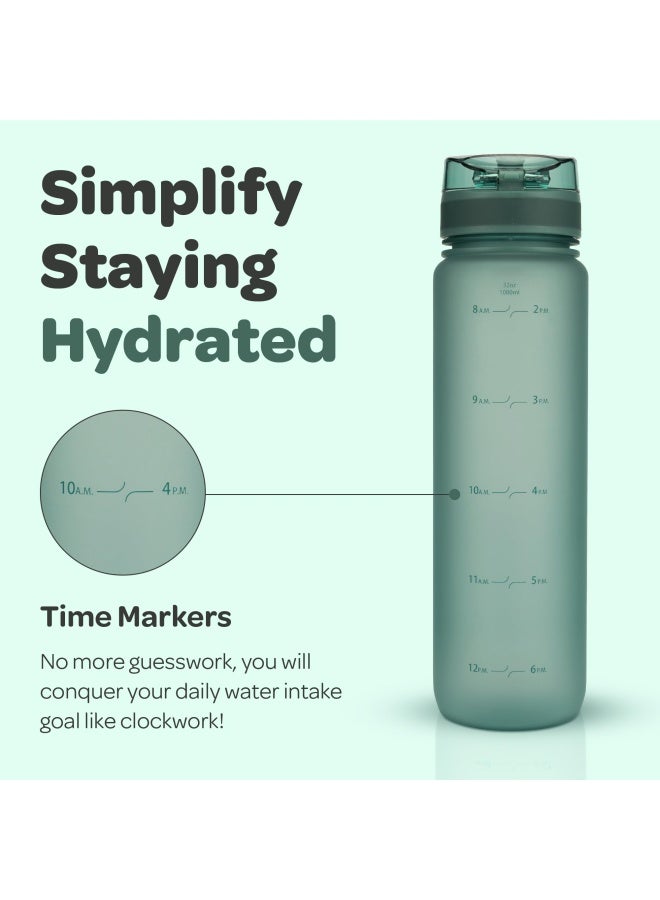 Bpa Free Water Bottle With Time Marker - Large  1L  32Oz  Moonlight Green