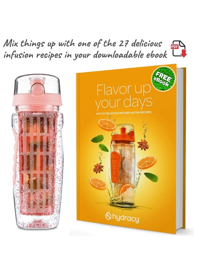 Fruit Infuser Water Bottle - 1 Litre Sport Bottle With Full Length Infusion Rod  Time Mark And Sleeve Combo Set   27 Fruit Infused Water Recipes Ebook Gift - Lollipop Pink