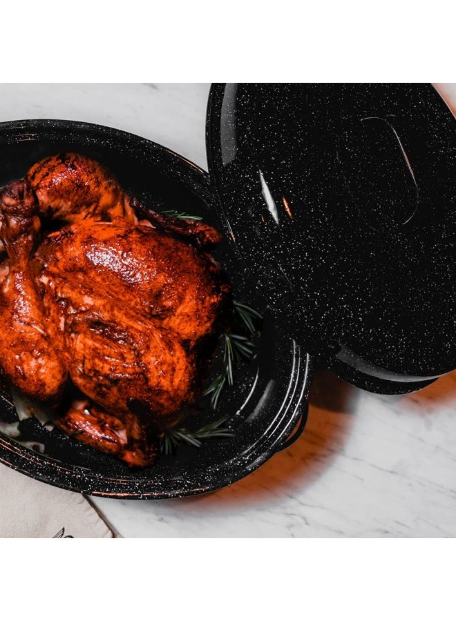 Granite Ware Oval Roaster 19 Inch With Lid  Speckled Black  - Enamelware Roasting Pan. Home Or On The Grill. Great Grilling  Boiling  Baking Or Roasting. Dishwasher Safe.