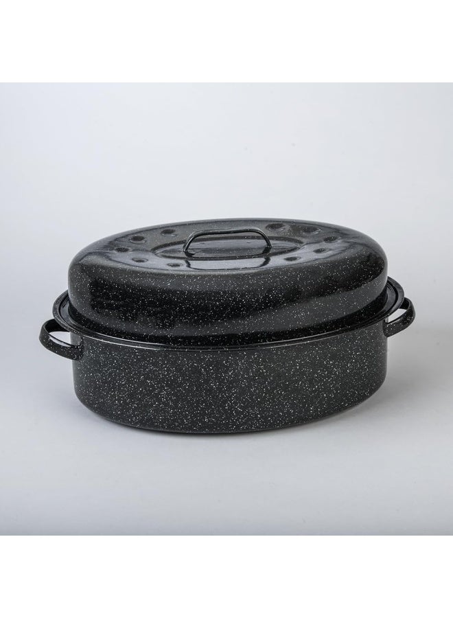 Granite Ware Oval Roaster 19 Inch With Lid  Speckled Black  - Enamelware Roasting Pan. Home Or On The Grill. Great Grilling  Boiling  Baking Or Roasting. Dishwasher Safe.