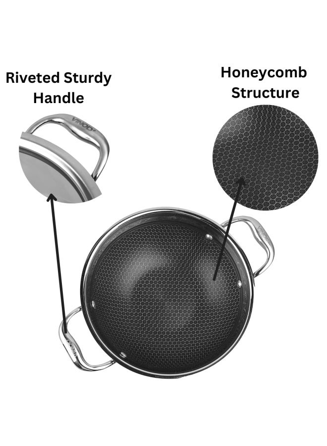 Vinod Platinum Triply Stainless Steel X Kadai   Kadhai Pan Of 3.2 Litres  26 Cm Diameter  With Lid And Honeycomb Pattern Design Inside  Scratch Resistant  Food Safe And Pfoa Free