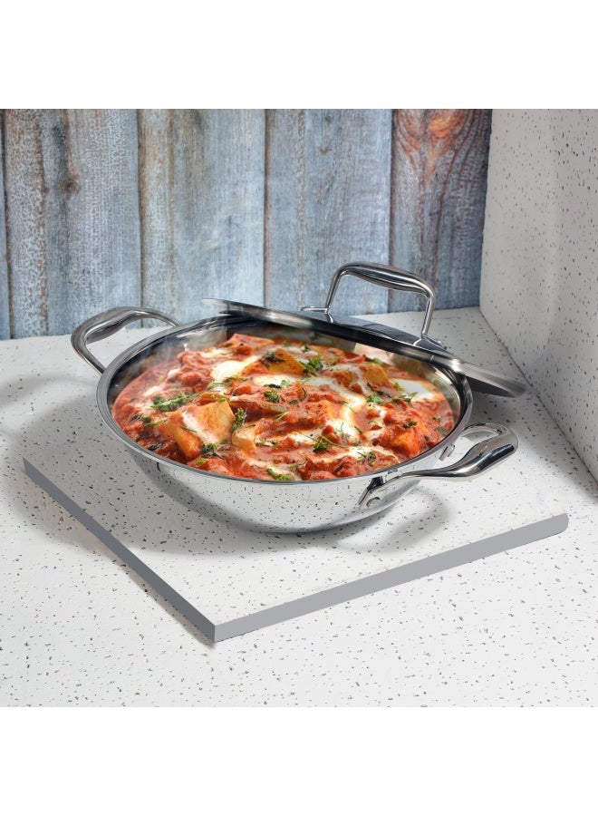 Vinod Platinum Triply Stainless Steel X Kadai   Kadhai Pan Of 3.2 Litres  26 Cm Diameter  With Lid And Honeycomb Pattern Design Inside  Scratch Resistant  Food Safe And Pfoa Free